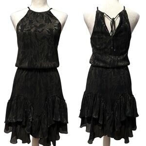 Halston Heritage Black Metallic Gold Halter Dress Womens XS Ruffle Hem Cocktail